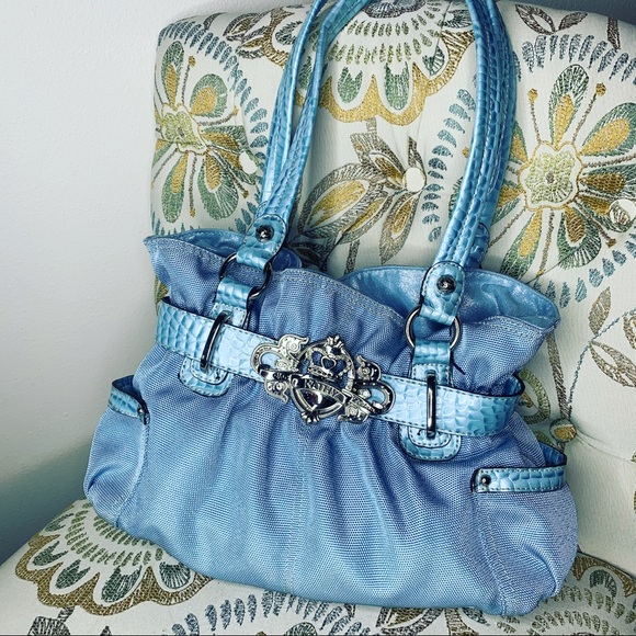 Kathy Van Zeeland Croc Blue Shimmer Belt Handbag - Picture 2 of 5